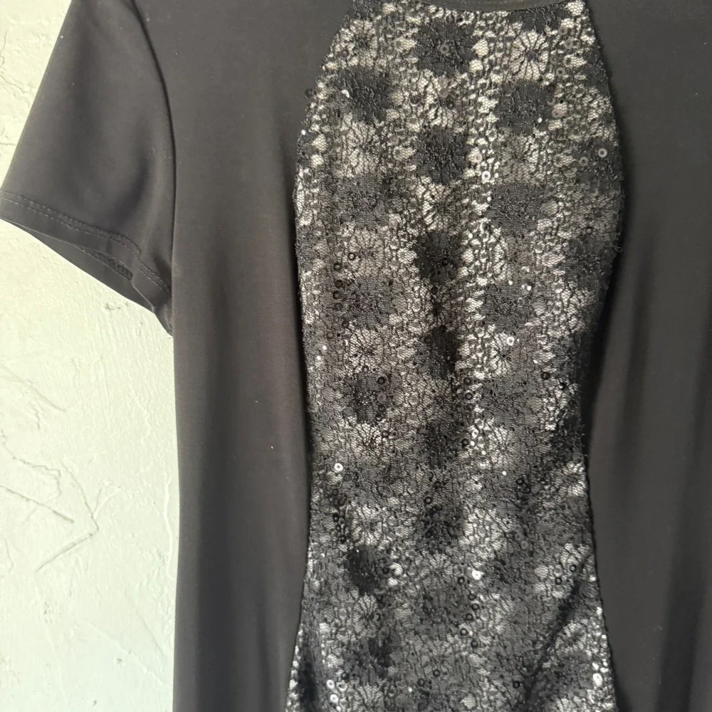Dressbarn Y2k Black Lace Sequin Sheath Short Sleeve Dress Grunge Goth Party‎